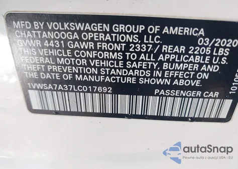 2020 Volkswagen Passat 2.0T Se z USA, uszkodzony, nr VIN 1VWSA7A37LC017692